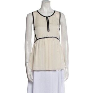 Tory Burch Ivory Silk Chiffon Piped Sleeveless High Neck Top Blouse Size 2 XS